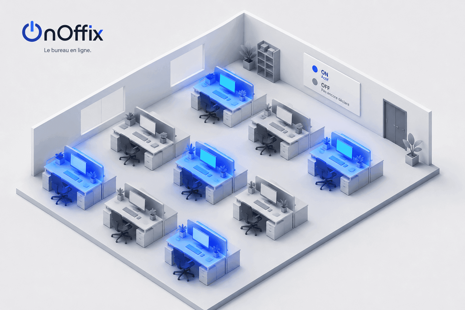 OOffix office view: desks light up as collaborators declare their progress