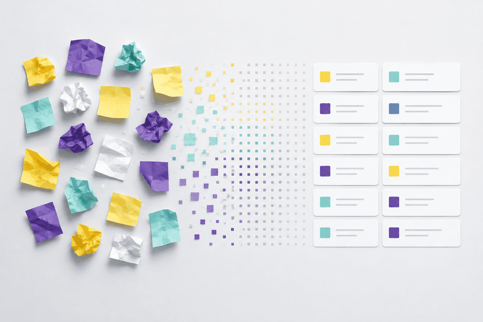 Scattered sticky notes turning into organized task cards