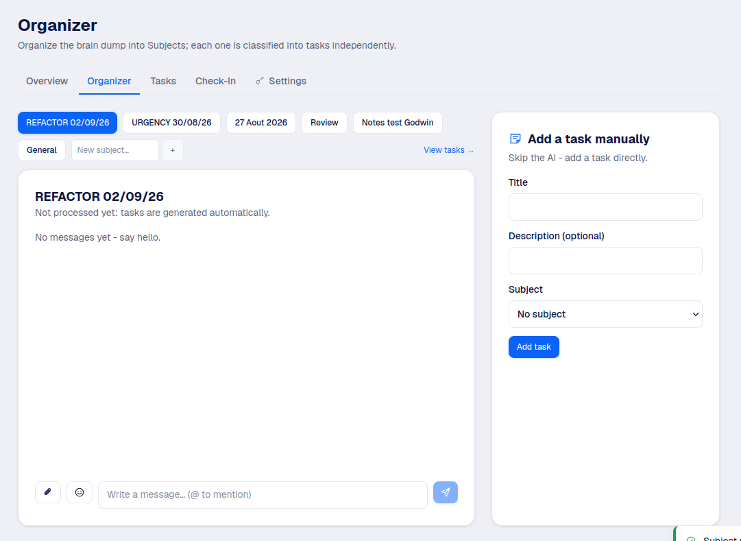 An office's BrainDumper: subjects, chat, and the manual task form