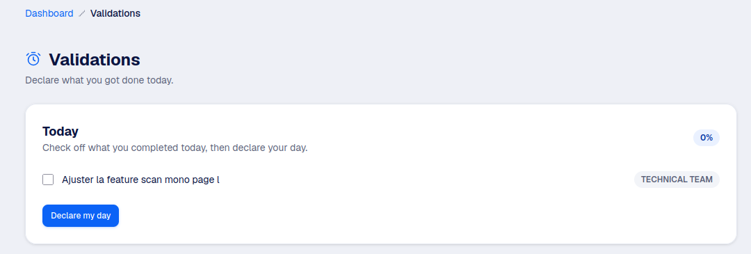 The Validations page, declaring today's tasks
